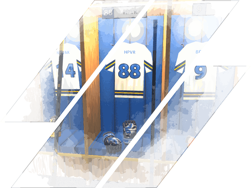 The locker room with glove and stick skins