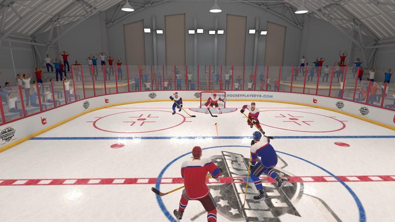 Wide view of the virtual reality ice hockey arena with the crowd