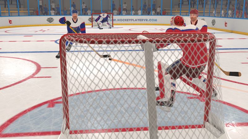 View from behind the net past the red goalie