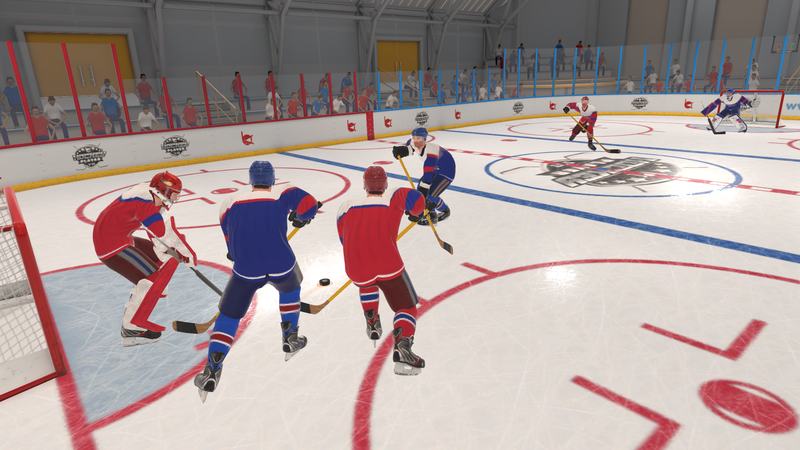 Three players crowd the front of the red net