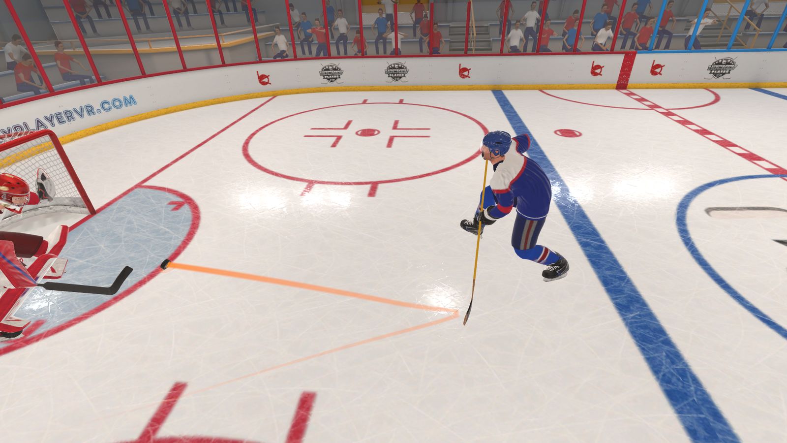 A one-timer shot with the orange puck trail flying at the net