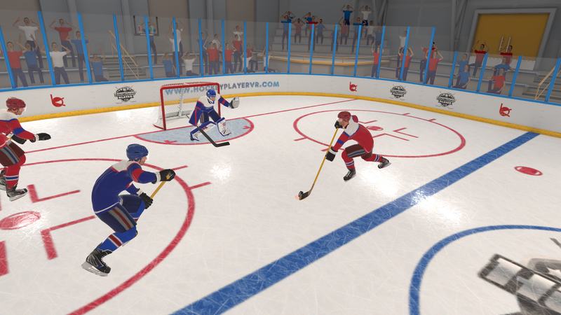 Two blue skaters rush into the offensive zone