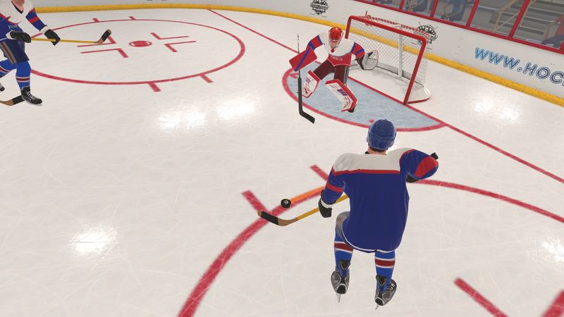 A blue skater shoots at the red goalie from the faceoff circle