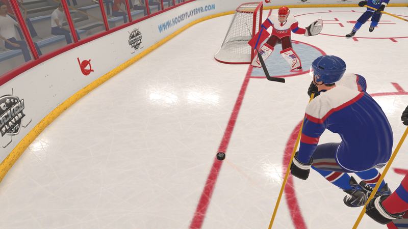 A skater carries the puck behind the net